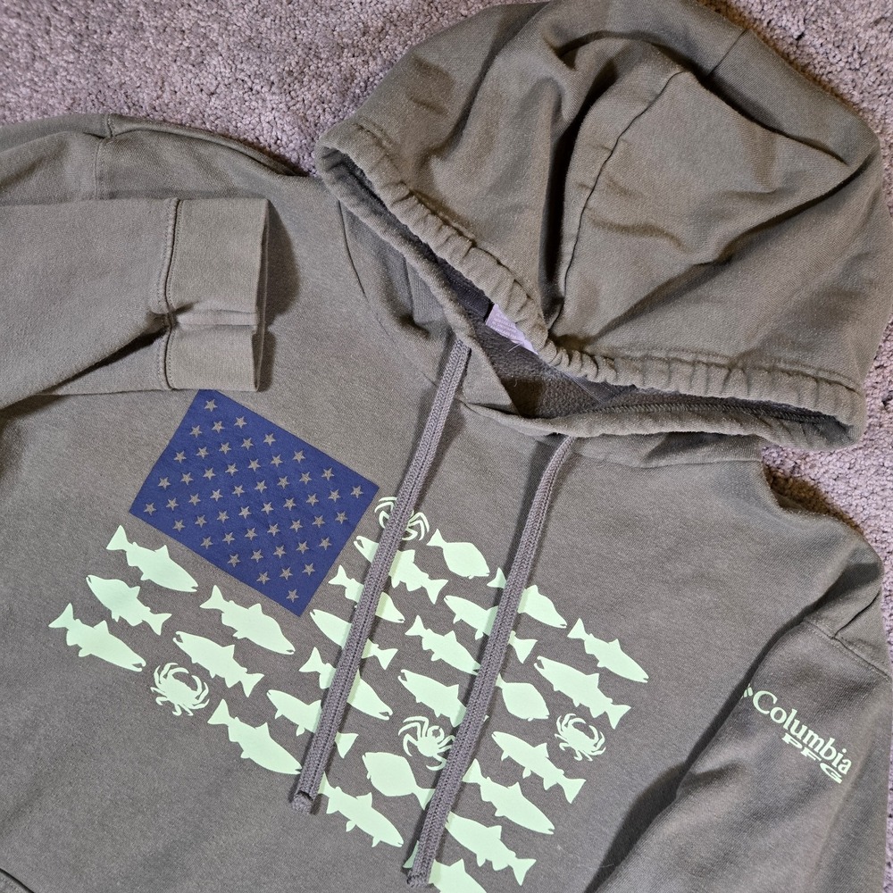 Columbia PFG Mens Olive Green Fish Flag Hoodie Sweatshirt FM1865 2XL